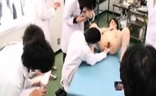 Slim Oriental cutie has a group of doctors examining her ha