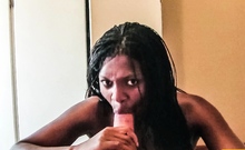 Surprise! Ebony whore has cum to swallow.