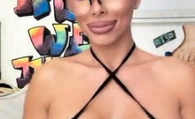 Busty curly brunette with big boobs fucks on couch