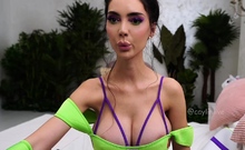 Busty curly brunette with big boobs fucks on couch