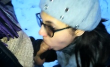 Cold Public Blowjob with a Sexy Teen Brunette Babe