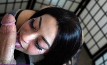 POV blowjob with brunette slut getting throatfucked