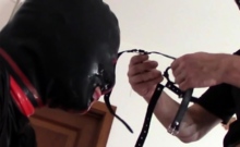 Kneeling, Gagged, And Hooded Huge Cumshot On Her Mouth